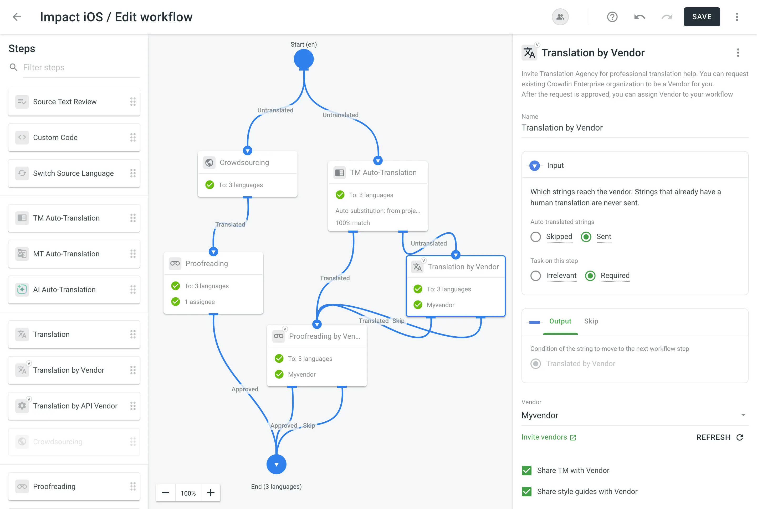 Translation by Vendor and Proofreading by Vendor in the Workflow Editor